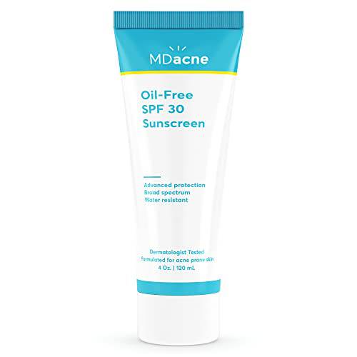MDacne Sunscreen for Acne-Prone Skin, SPF 30 Sun Skincare - Oil-Free,Advanced Protection, Broad Spectrum UVA/UVB & Water Resistant - Quick Absorption - Vitamin E, Vitamin C & Aloe Leaf Extract
