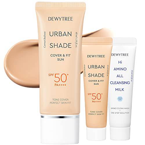 DEWYTREE Urban Shade Cover & Fit Sun SPF 50+ Pa++++ with Mini Size Sunscreen & Cleansing Milk (0.3oz.+0.3oz.) - Tinted Face Moisturizer - Powerful Fixing & Sebum Control, 1.35oz.