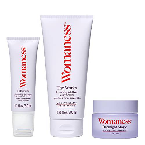 Womaness Skin & Body Bundle - Let’s Neck Serum (1.7oz) The Works Body Cream (6.76oz) + Overnight Magic Face Cream (1.7oz) - Anti Aging Skincare Bodycare Set for Women (3 Products)