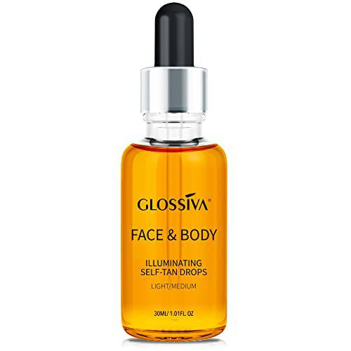 Glossiva Self Tanning Drops, Self Tanner for Face and Body, Long Lasting Glow Sunless Tanner, Natural Face Tanner for Perfect Gradual Glow - Knocks Out Orange Tones, No Fake Tan Smell and Streak-Free -30 ml