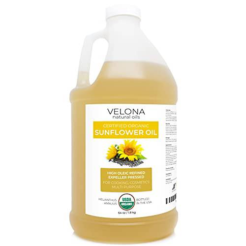 velona USDA Certified Organic Sunflower Oil - 64 oz | 100% Pure and Natural Carrier Oil | High Oleic, Refined, Cold Pressed | Cooking, Skin, Hair, Body & Face Moisturizing | Use Today - Enjoy Results