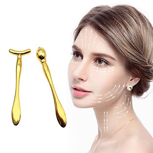 2 in 1 Metal 360 Degrees Rotation Roller Eyes Cream Applicator Wand and T-Shape Massager Tool for Facial Massage Reduce Puffiness Small Gift Bag (Gold)