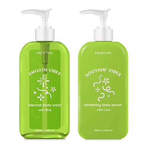 FACETORY Smooth & Soothin’ Body Bundle - Body Wash with BHA and Body Serum with CICA for Calming, Smoothing, Redness Relief, Blemish Prone Skin, No Fragrance - for Body Acne - 250ml / 8.45 fl oz