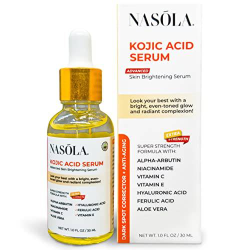 Nasola Kojic Acid Serum Skin Brightening Dark Spot Remover Fade Cream for Hyperpigmentation with Alpha Arbutin, Vitamin C & E, & Niacinamide