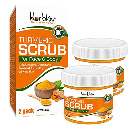 Herblov Turmeric Face Scrub - Skin Brightening Mask with Turmeric - All-Natural Turmeric Face Mask for Acne Treatment - Boosts Circulation and Removes Toxins - Detox Clay Face Mask for Glowing Skin (2 Pack)