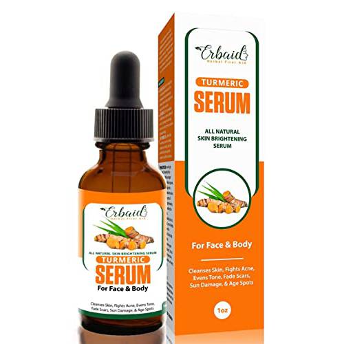 Erbaid Turmeric Serum for Face & Body - All Natural Turmeric Skin Brightening Serum - Cleanses Skin, Fights Acne, Evens Tone, Heals Scars - Pure Handcrafted Skincare Made in the USA