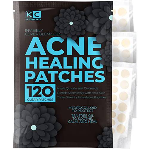 KEYCONCEPTS Acne Patches (120 Count) with Tea Tree Oil, Hydrocolloid Pimple Patches for Face - Zit Patch Acne Dots - Cystic Acne Patches Treatment - Pimple Patch with 3 Size Acne Stickers