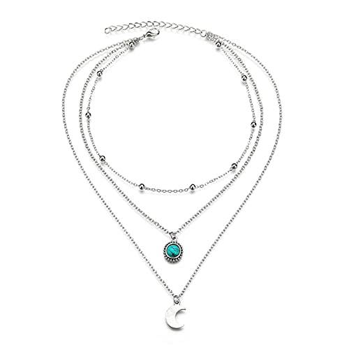 Moon Leaf Turquoise Necklace Bohemian Costume Pendant Chain Western Jewelry for Women Silver Plated
