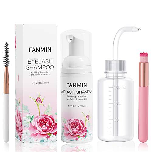 FANMIN Eyelash Extension Cleanser 60ml +2 Brushes+ Rinse Bottle Eyelid Foaming Cleanser,Eyelash Wash and Lash Bath for Extensions,Paraben & Sulfate Free,Makeup Remover,Salon and Home use