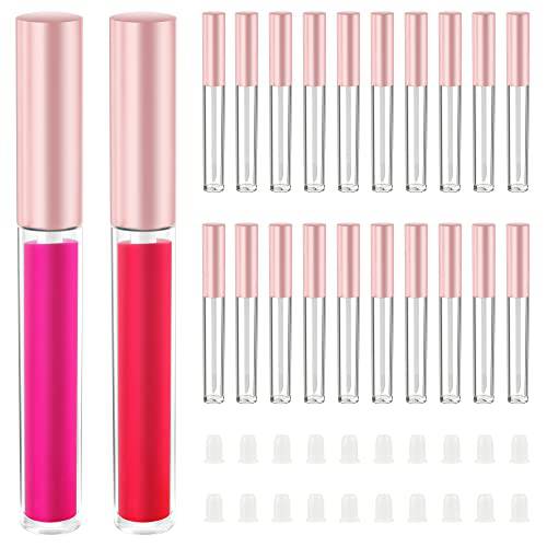 RONRONS 20 Piece Pink Lip Gloss Containers with Wand, Empty Lipgloss Tube Bottle for Making Lip Oils, Transparent and Pink Plastic Lip Balm Holder with Mini Rubber Plug for Women Makeup Bussiness