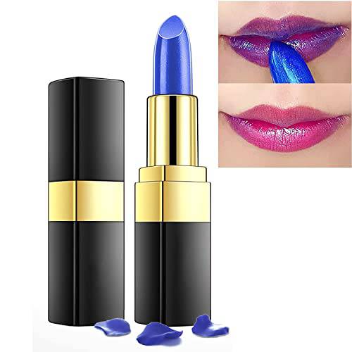 Blue Shimmer Lipstick,Magic Temperature Changing Colors Lipstick(Blue Changed into Pink), Moisturizing Lip Balm Long Lasting Labiales Magicos Nutritious Lipstick for Women(1 Blue)