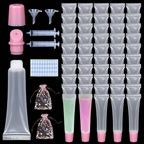 50Pcs 15 ML Lip Gloss Tubes With Pink Cap Empty,Soft Cosmetic Squeeze Tubes With Labels Stickers+Syringe+Funnel, for DIY Lip Gloss Balm Cosmetic (Pink x 50pcs )