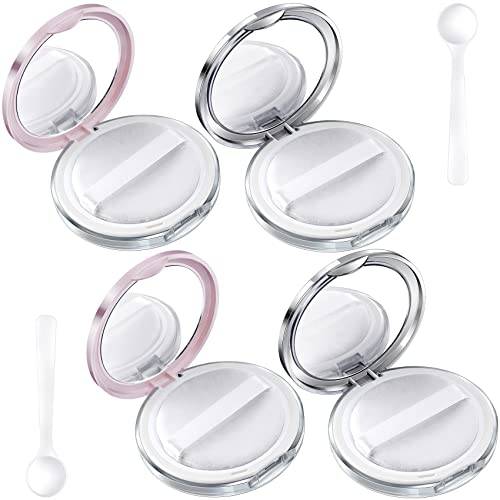 OIIKI 4 Packs Loose Powder Compact Containers, 3g Refillable Container with Powder Puff, Mirror, Net, Spoon, DIY Makeup Powder Cases Portable Powder Compact Boxes for Daily Use or Travel -Pink, Silver
