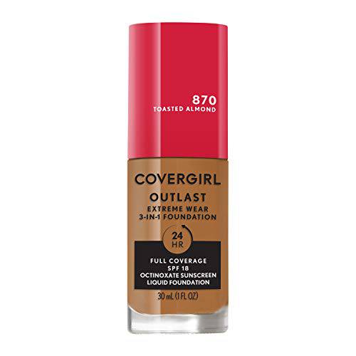 Covergirl Outlast Extreme Wear 3-in-1 Full Coverage Liquid Foundation, SPF 18 Sunscreen, Toasted Almond, 1 Fl. Oz.