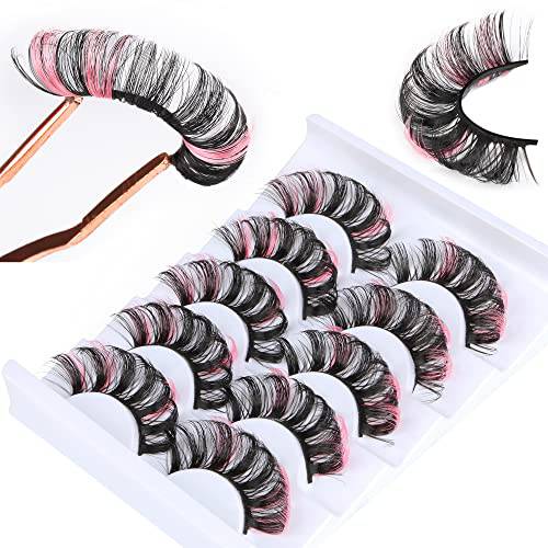 Colored Lashes Fluffy Wispy False Eyelashes with Color Russian Strip Lashes D Curl Colored Eyelashes Pack Cosplay Lashes 5 Pairs by Zenotti (Pink)