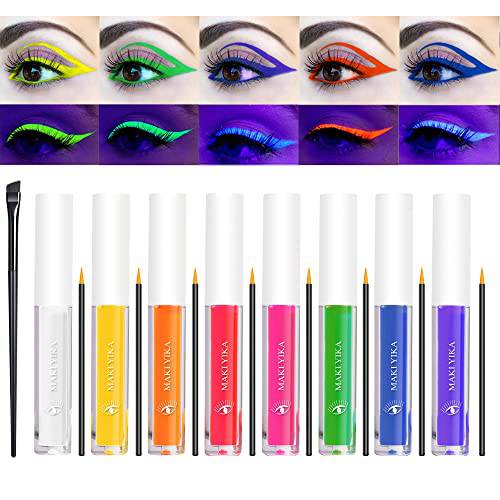 MAKI YIKA 8 Colors Neon Liquid Eyeliner Set, UV Glow Matte Eyeliner 0.17oz, Colorful Eye Liner Gel, Pigmented Long Lasting Waterproof Eyes Makeup (Multicolor)