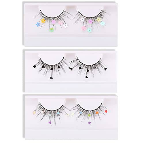 Skynest False Eyelashes, Dramatic Glitter Sequin Lashes with Colorful Heart/Black Heart/Colorful Flower Makeup DIY Lashes Decorative for New Year Christmas Halloweens Cosplay Party(3 Pairs)