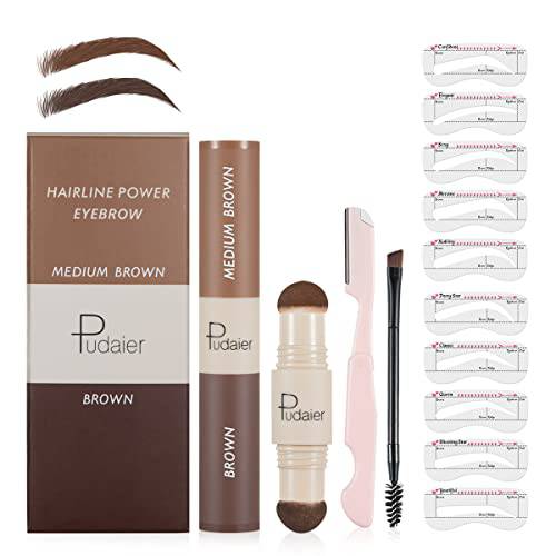 Eyebrow Stamp Stencil Kit 2 Colors One Step Brow Trio Makeup Set with 10 Eyebrow Stencils, 1 Brush and 1 Razor, Easy Color, Waterproof and Long Lasting, 2022 Newly Eyebrow Color Makeup Kit (Brown and Medium Brown)