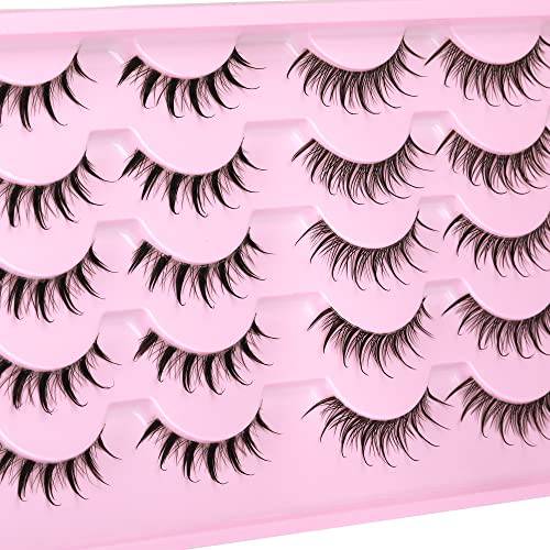 Spiky Japanese Lashes Natural Wispy Manga False Eyelashes Anime Asian Strip Fake Eye Lashes with Clear Band 2 Styles Short C Curly Korean Makeup Faux Mink Lashes Pack 10 Pairs by ALICROWN