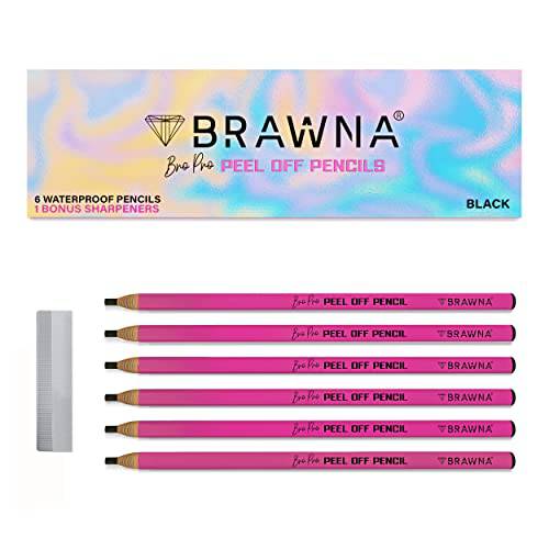 BRAWNA 6 Pcs Brow Pro Peel Off Pencils with 1 Sharpener - Black Durable Waterproof Eyebrow Mapping Pencil - Microblading Supplies - PMU Kit…