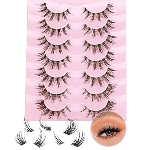 DIY Eyelashes Extension Individual Manga Lashes Natural Look Cat Eye Lashes with Clear Band 98 Pcs Wispy Fluffy Mink Lashes Extensions by Mavphnee