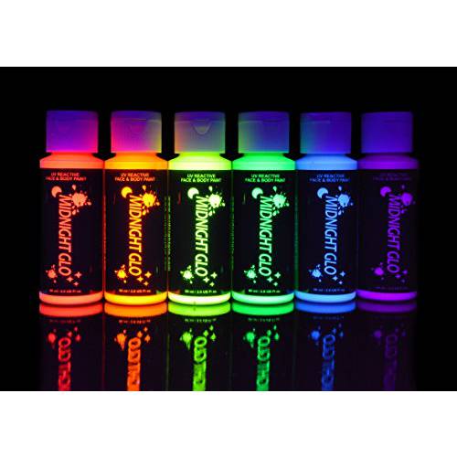 Midnight Glo Black Light Face And Body Paint - Neon Makeup Fluorescent Blacklight Reactive UV Glow Paints 2oz - Set of 6 Bottles