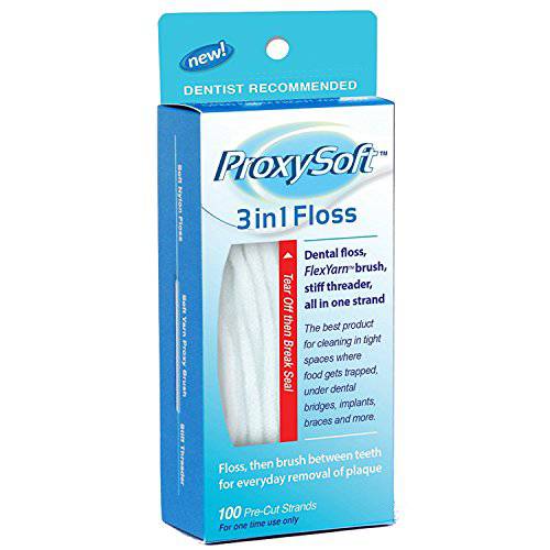 ProxySoft 3-in-1 Dental Floss for Optimal Teeth Flossing​- 5 Packs Pre-Cut Ortho Floss Threaders for Braces, Tight Spaces, Bridges, Implants with Built-in Soft Proxy Brush and Stiff Threader Flosser