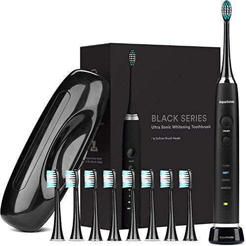 AquaSonic Black Series Ultra Whitening Toothbrush - 8 DuPont Brush Heads & Travel Case Included - Ultra Sonic 40,000 VPM Motor & Wireless Charging - 4 Modes w Smart Timer - Modern Electric Toothbrush