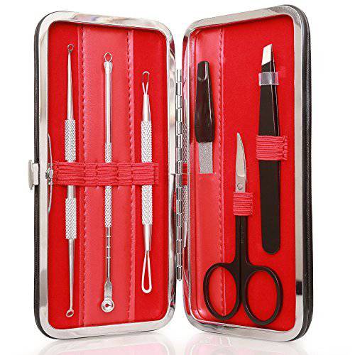 Comedone Extractors and Blackheads Remover with Tweezers & Manicure Set By Aotearoa Beauty Professional Comedone Remover Tools for Blemishes,Whiteheads, Zits (Red)