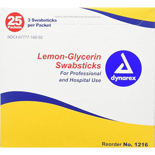 Dynarex Lemon-Glycerin Swabsticks, Pleasant Tasting Cotton Swabs That Gently Soothes and Refreshes Dry Mouth, 3 Oral Swabsticks per Packet, 1 Box of 75 Lemon-Glycerin Swabsticks