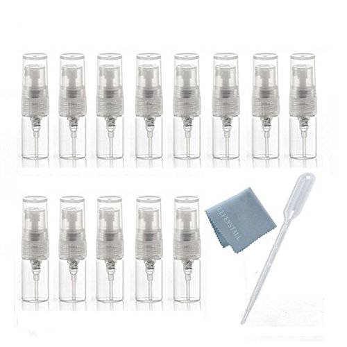 Elfenstall- 10pcs Mini Clear 2ml 5/8 Dram Fine Mist Atomizer Vial Glass Bottle Spray Refillable Perfume Empty Sample Bottle Clean Cloth for Travel Party Free 3ML Dropper
