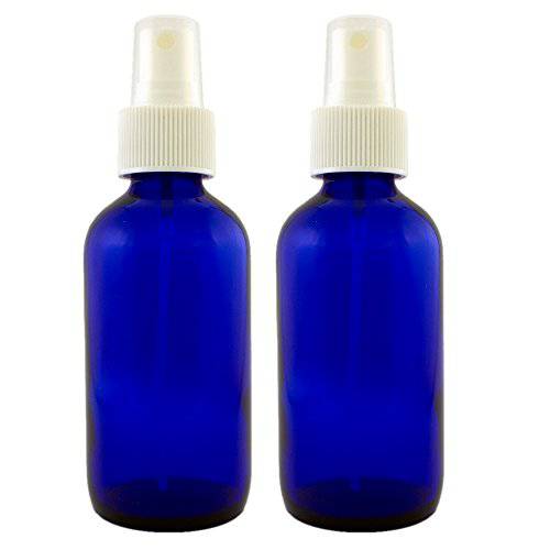 Blue Glass Spray Misters - 2 Bottles - 4oz Refillable Bottle is Great for Essential Oils, Organic Beauty Products, Homemade Cleaners and Aromatherapy with a White Fine Mist Dispenser