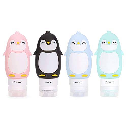 AUTENS Leakproof Silicone Travel Bottles Accessories Set,3oz (90ml) 4 Pack Refillable Cute Penguin Travel Containers for Shampoo,Lotion Sunscreen ect. - TSA Approved & BPA Free