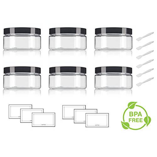 8 oz Clear Plastic Jar PET Low Profile with Black Smooth Lids (6 Pack) + Spatulas