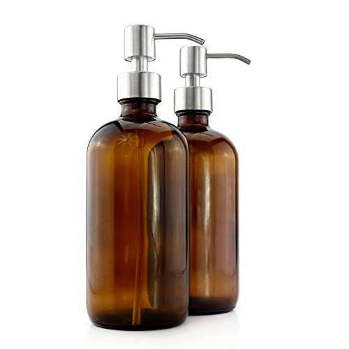 Cornucopia 16-Ounce Amber Glass Bottles w/Stainless Steel Pumps (2-Pack) Lotion & Soap Dispenser Brown Boston Round Bottles for Aromatherapy, DIY, Home & Kitchen