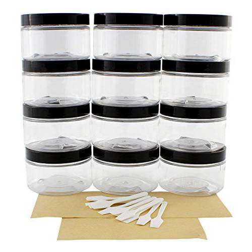 4oz Clear Plastic Jars with Labels & Spatulas & Lids (12-Pack) Straight Sided PET BPA-Free Containers Great for Cosmetics, Kitchen & Gifts