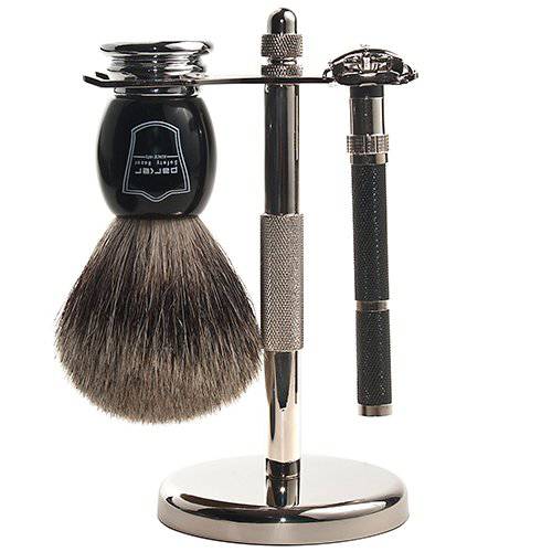 Parker Safety Razor, 96R Men’s Safety Razor Shave Set - Includes Parker’s Luxurious 3-Band Pure Badger Shave Brush, Deluxe Chrome Shave Stand & Parker’s 96R Butterfly Open Safety Razor