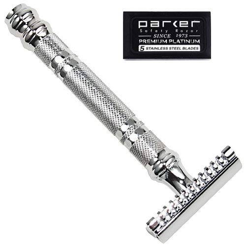 Parker 24C Three Piece Open Comb Double Edge Razor with Heavyweight Brass Frame Handle- 5 Premium Parker Safety Razor Blades Included