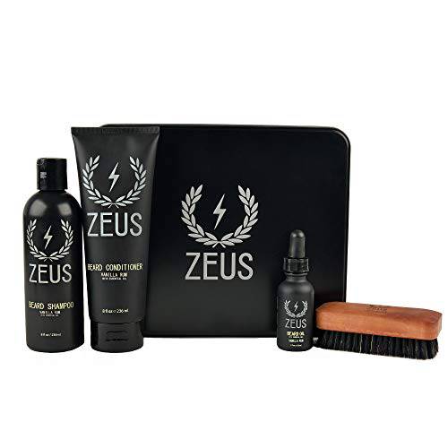 ZEUS Deluxe Beard Wash & Grooming Kit for Men – Natural Beard Oil, Beard Wash Combo & Beard Brush Gift Set (Vanilla Rum)