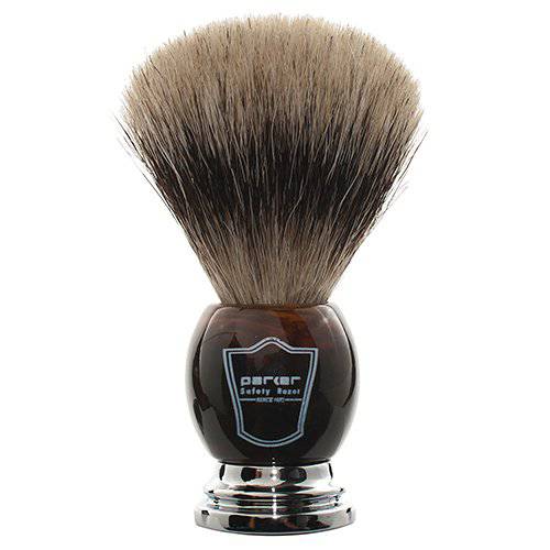 Parker Safety Razor, Premium 3-Band Pure Badger Bristle Shaving Brush with Stand, Packaged in a Gift Box, Generates a Fabulous Lather. (Faux Horn)