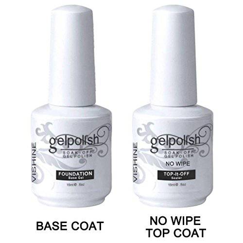 Vishine 15ml No Wipe Top Coat Base Coat Gel Nail Polish Soak off UV LED Drying Long Lasting Shiny Nail Varnish Set
