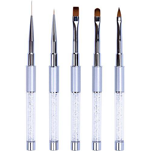 Ycyan 5Pcs Nail Art Design Painting Drawing Carving Liner Brush Pen Set Rhinestone Handle Nail Brushes (Silver)