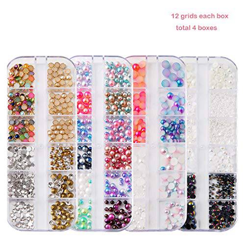 4 Boxes Nail Jewelry Pearls Nail Rhinestones Flat Back AB Diamonds Round Beads Mix Glass Charms Gems Stones For 3D Nails Art Decorations