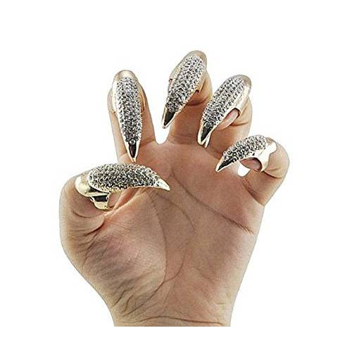Ewanda store 5Pcs Punk Talon Claw Paw Finger Ring Knuckle Bend Finger Claw Ring False Nail Tips(Gold)