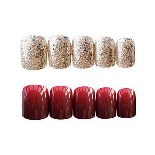 24pcs 12 Different Size False Nails Golden Glitter Red Square Short Fake Nails