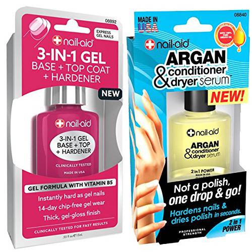 NAIL-AID 3-in-1 Gel Base & Top + Argan Oil Conditioner, Clear, 2 Count