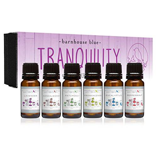 Tranquility Premium Grade Fragrance Oil Gift Set - 6/10ml Bottles - Lavender, Sandalwood, Frankincense, Eucalyptus, Patchouli, Peppermint