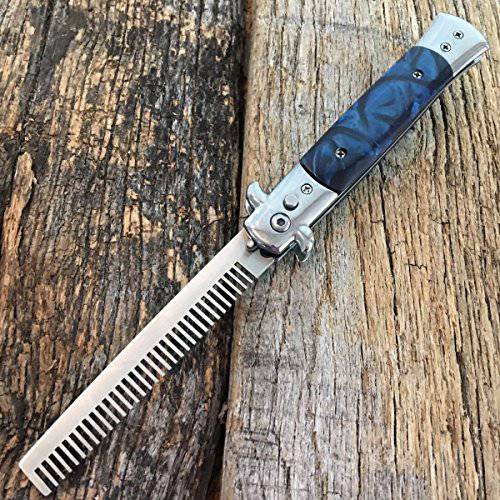 COLIBROX Automatic Push Button Folding Comb Switch Blade Knife Looking Brush Blue Pearl