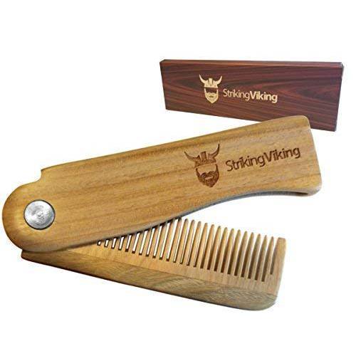Striking Viking Folding Wooden Comb - Men’s Hair, Beard & Mustache Comb - Pocket Sized Sandal Wood Comb for Everyday Grooming, Use Dry or with Balms and Oils - Beard Gift for Men