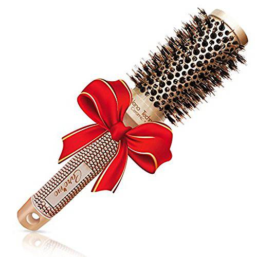 Round Brush with Ionic Boar Bristles for Blow-dry, Curling, Styling Short Hair (Chin to Neck) with Bouncy Curls & Shine, Small Ceramic Thermal Roller (1.3 Barrel, 2.4 with Bristles)